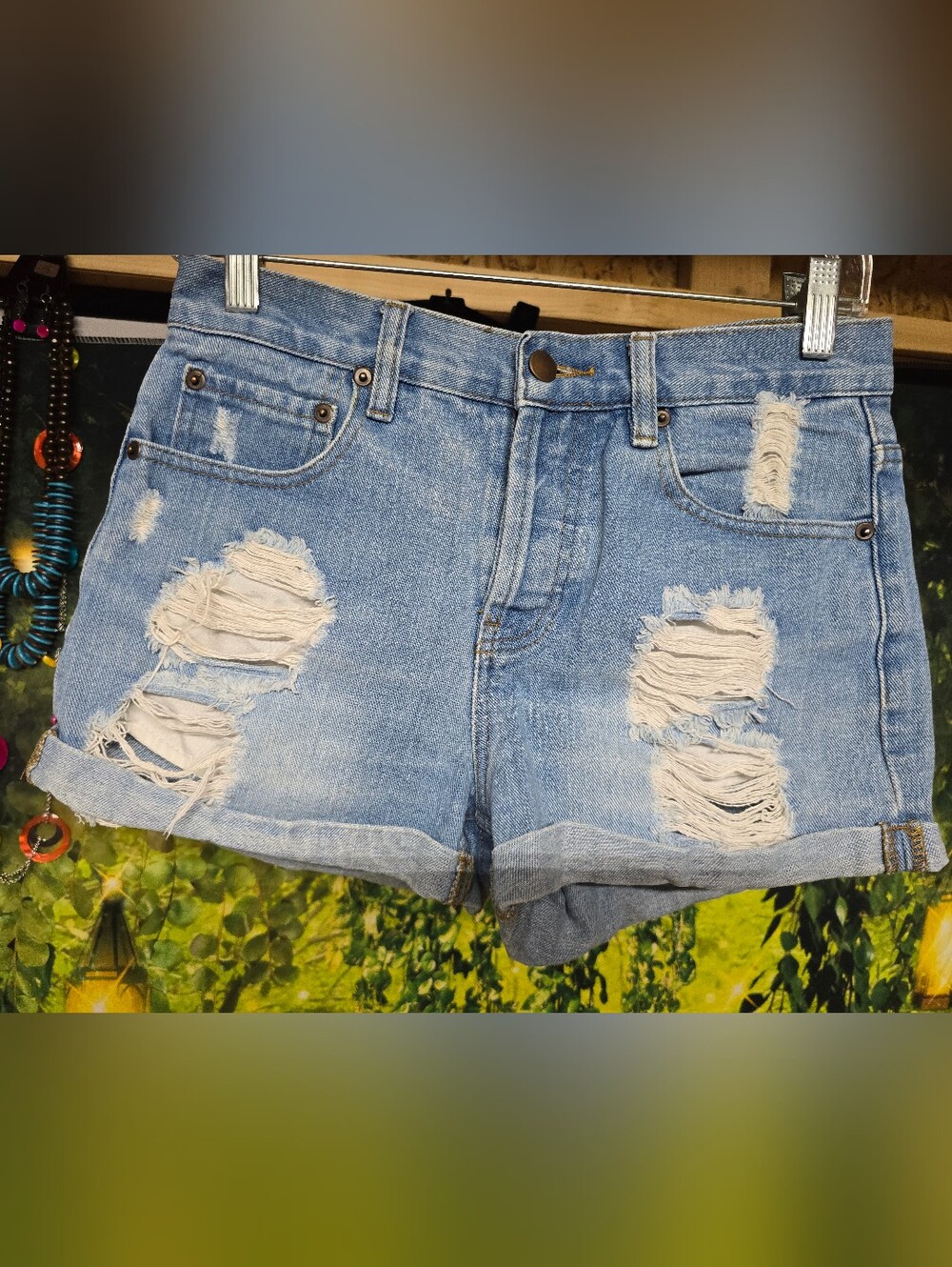 #152 Forever 21 Light Blue Distressed Roll-Hem Denim Shorts